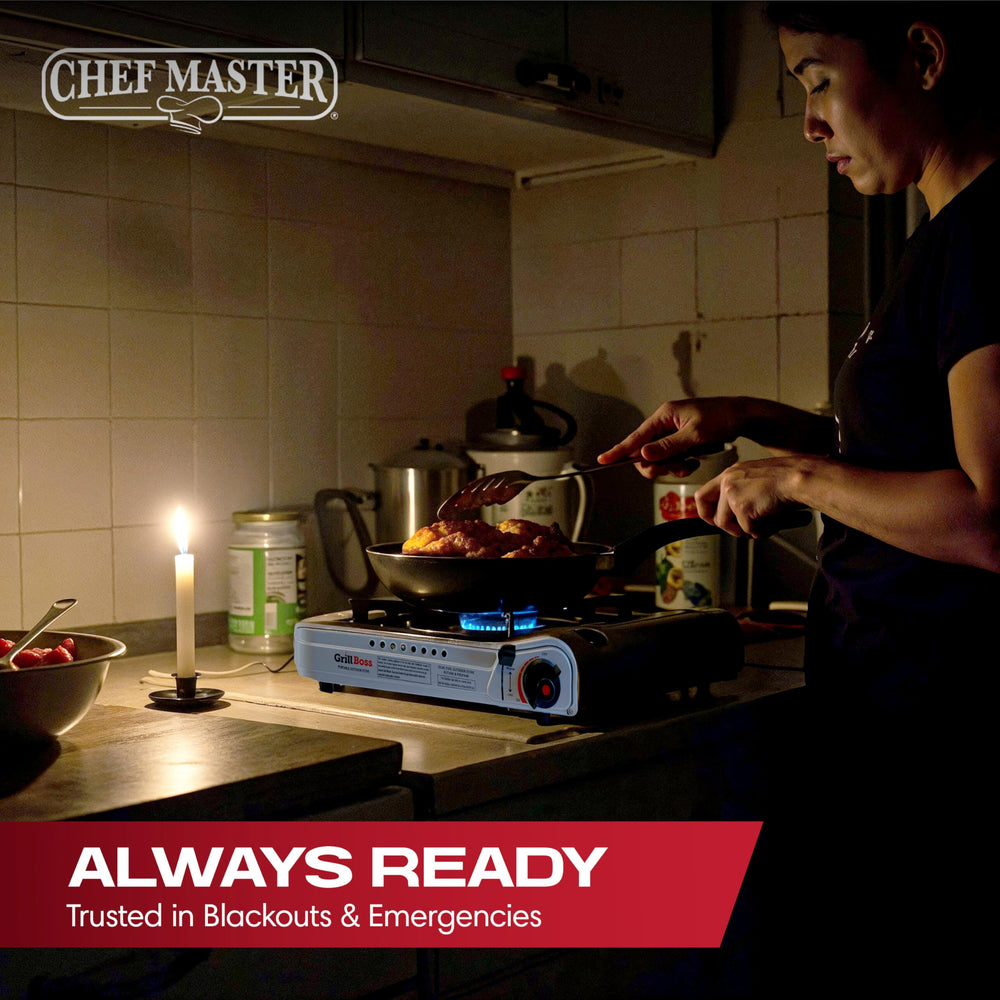 Chef Master Grill Boss camping use outdoors for meals on the go.