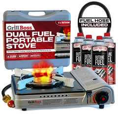Chef Master Grill Boss dual-fuel stove front view ready for campsite meals.