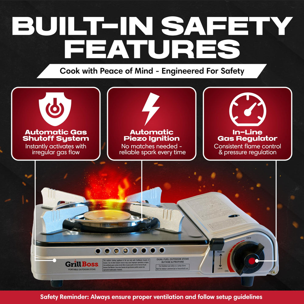 Chef Master Grill Boss stove side setup shows portable design for travel.