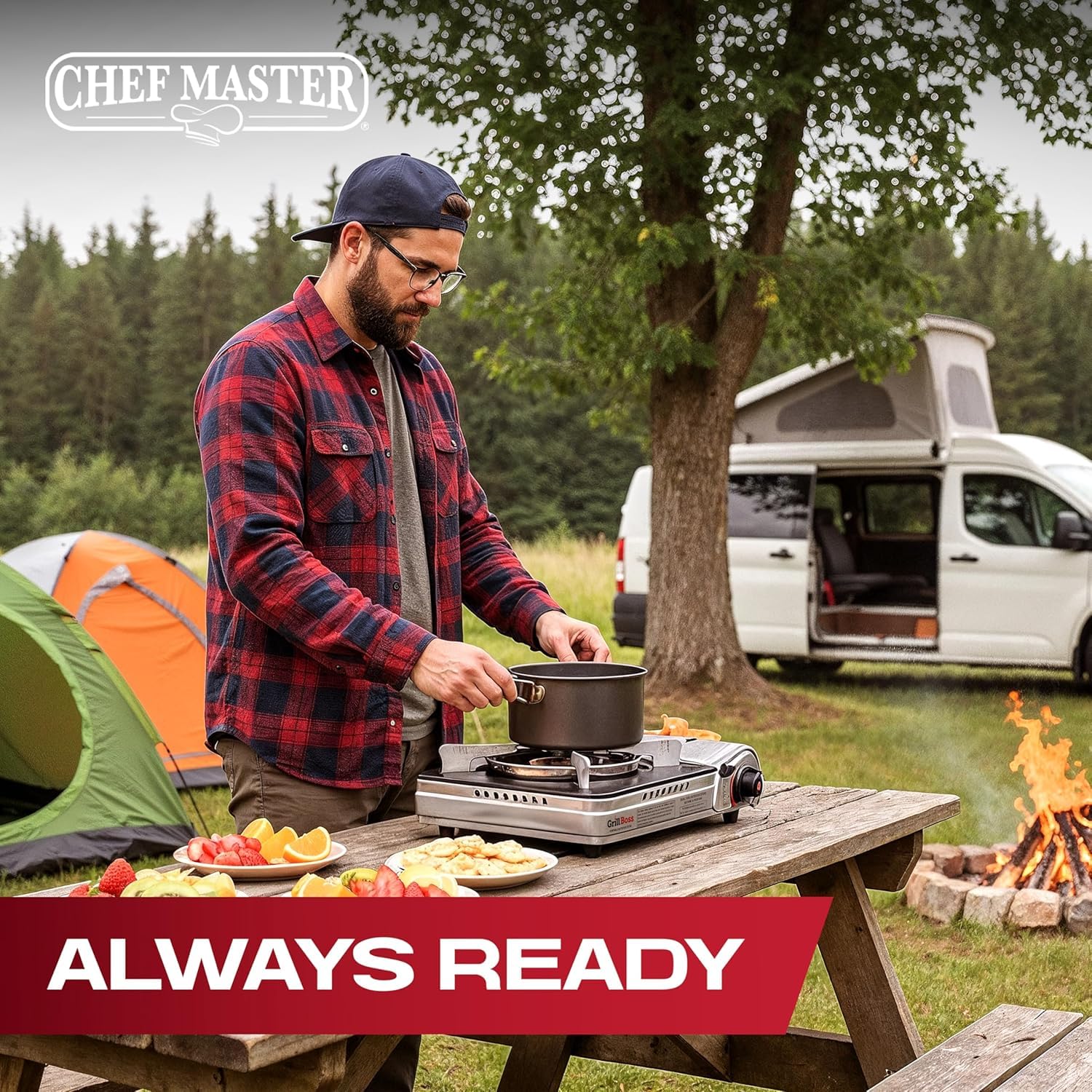 Chef Master Grill Boss dual-fuel setup showing compatibility with butane and propane.