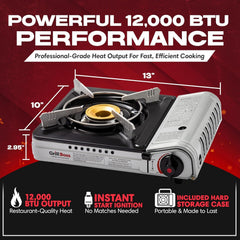 Chef Master Grill Boss stove with Piezo ignition delivering quick outdoor flame.