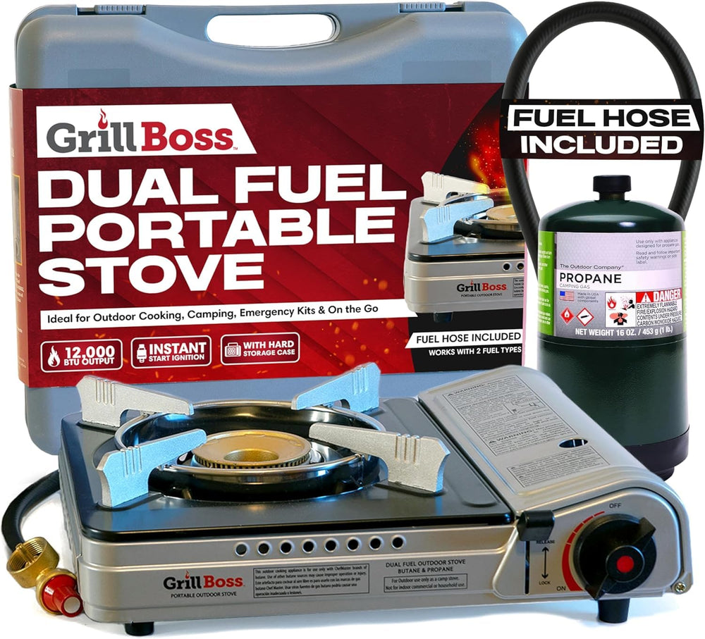 Chef Master Grill Boss stove in its durable hard-shell case for easy transport.