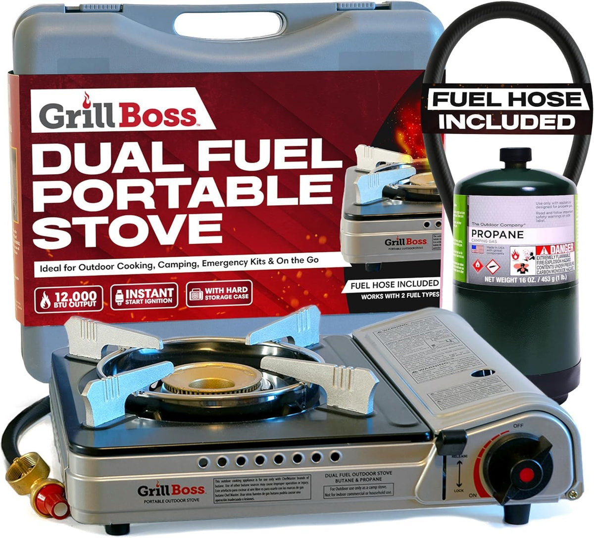 Chef Master Grill Boss stove in its durable hard-shell case for easy transport.