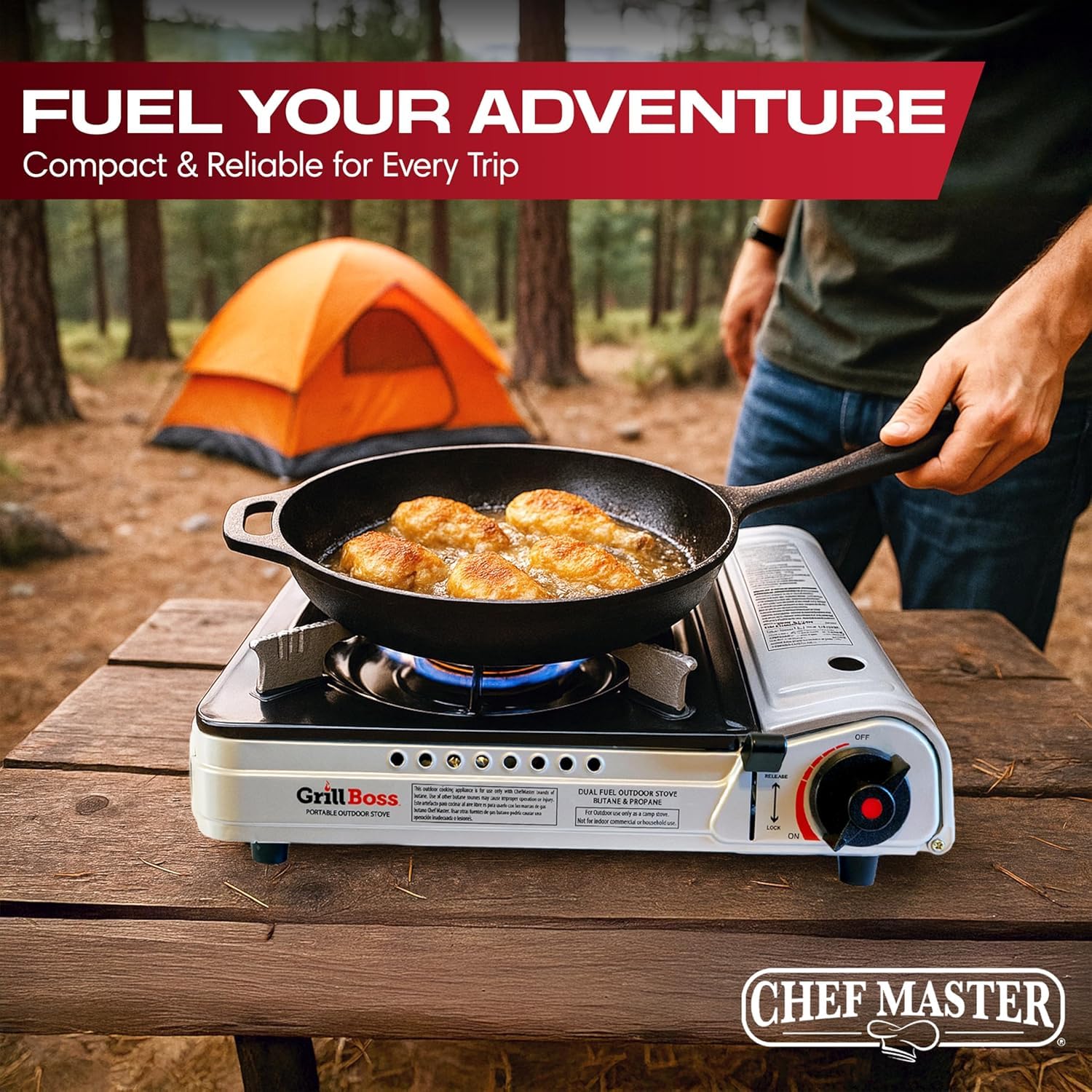 Chef Master Grill Boss ideal for tailgates and emergencies with dependable performance.