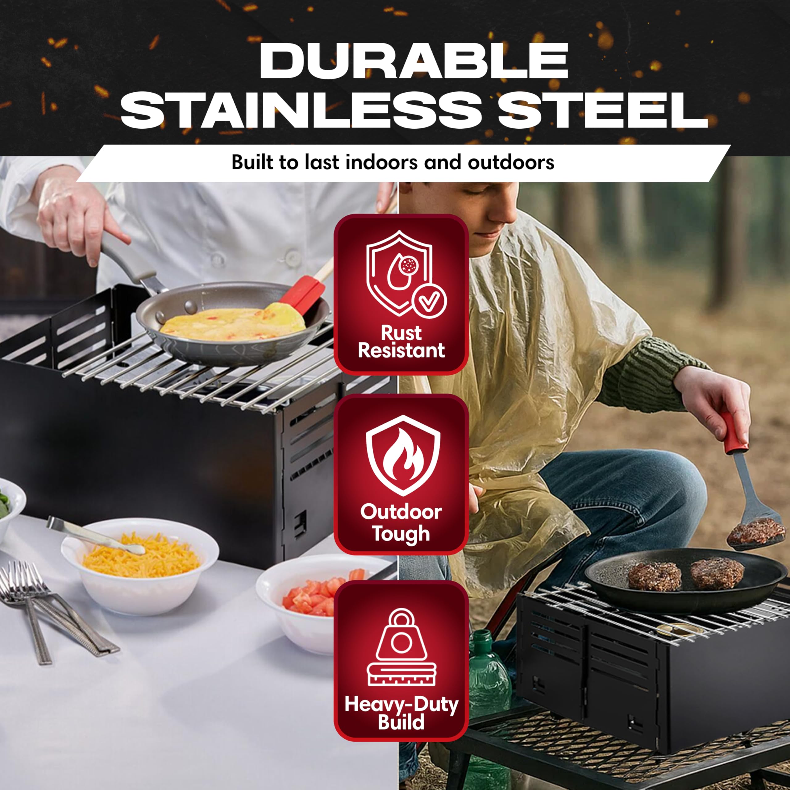 Portable camping kitchen setup with sturdy Chef Master wind guard.