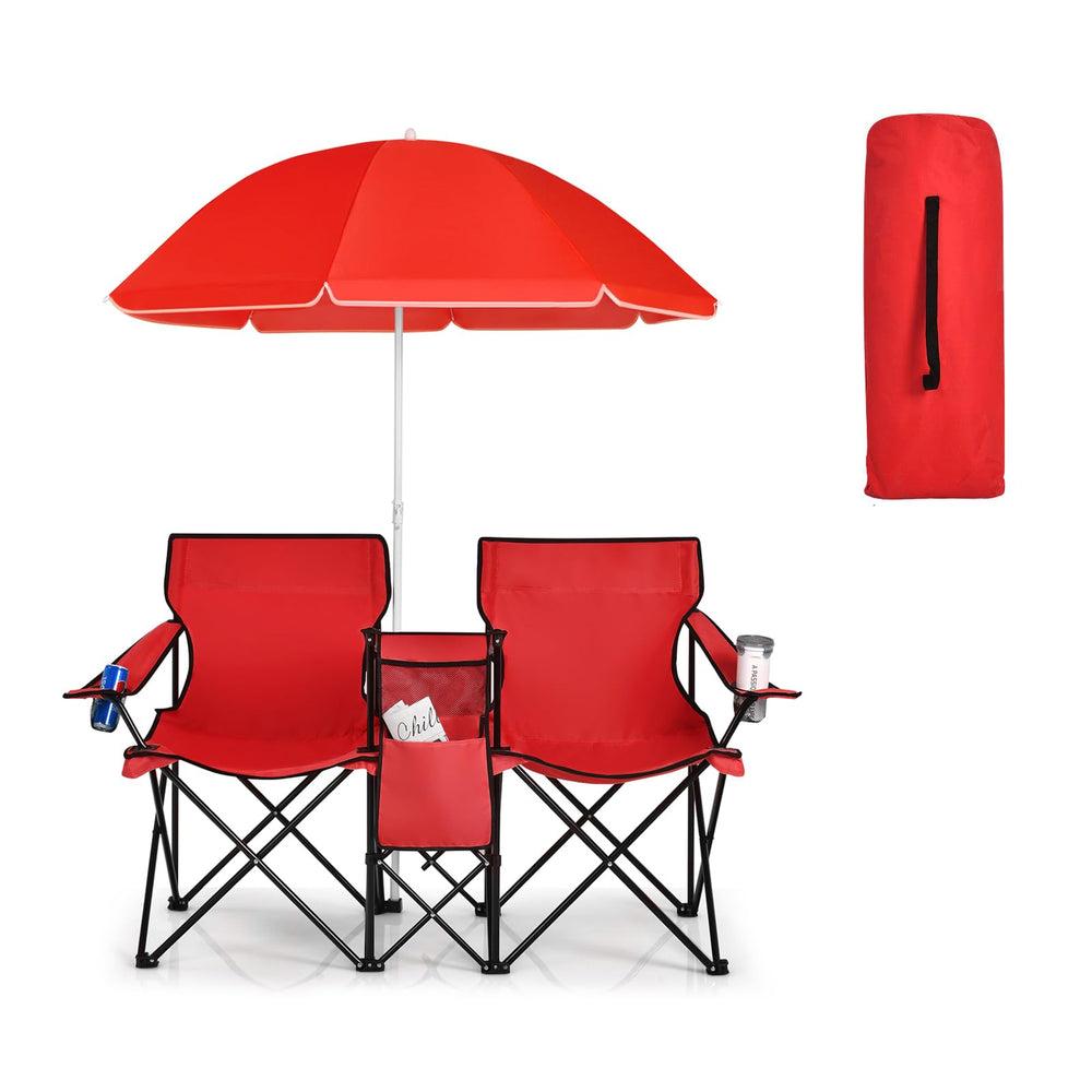 CHEFJOY double camping chair on the beach offers comfortable two-person seating.