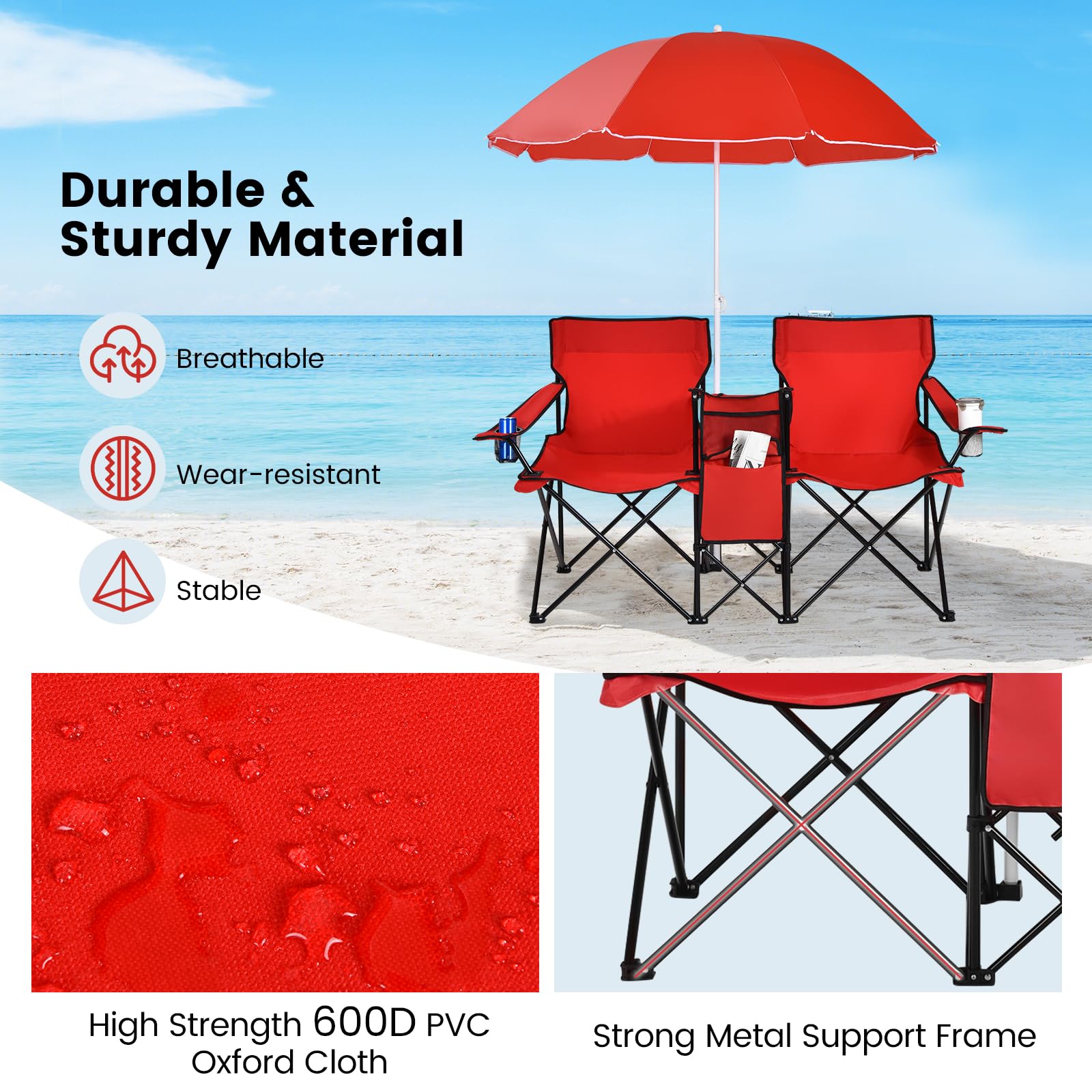 CHEFJOY double camping chair cooler pocket keeps drinks cold nearby.