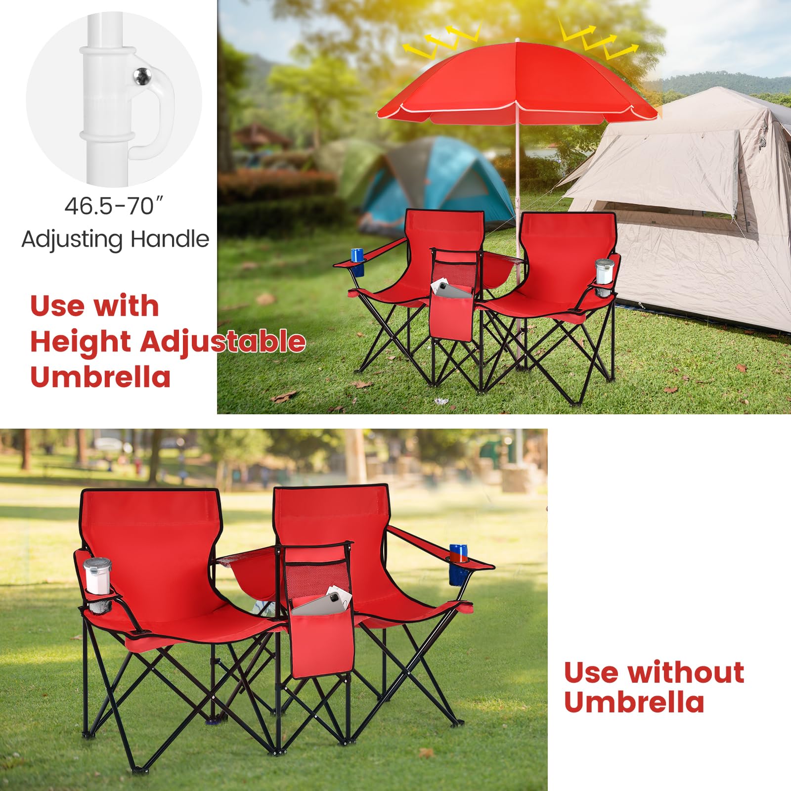 CHEFJOY double camping chair side pockets store magazines and sundries.
