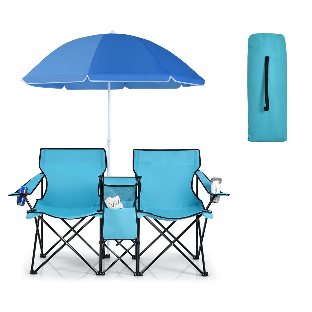 CHEFJOY double camping chair with turquoise umbrella provides shade during outdoor lounging.