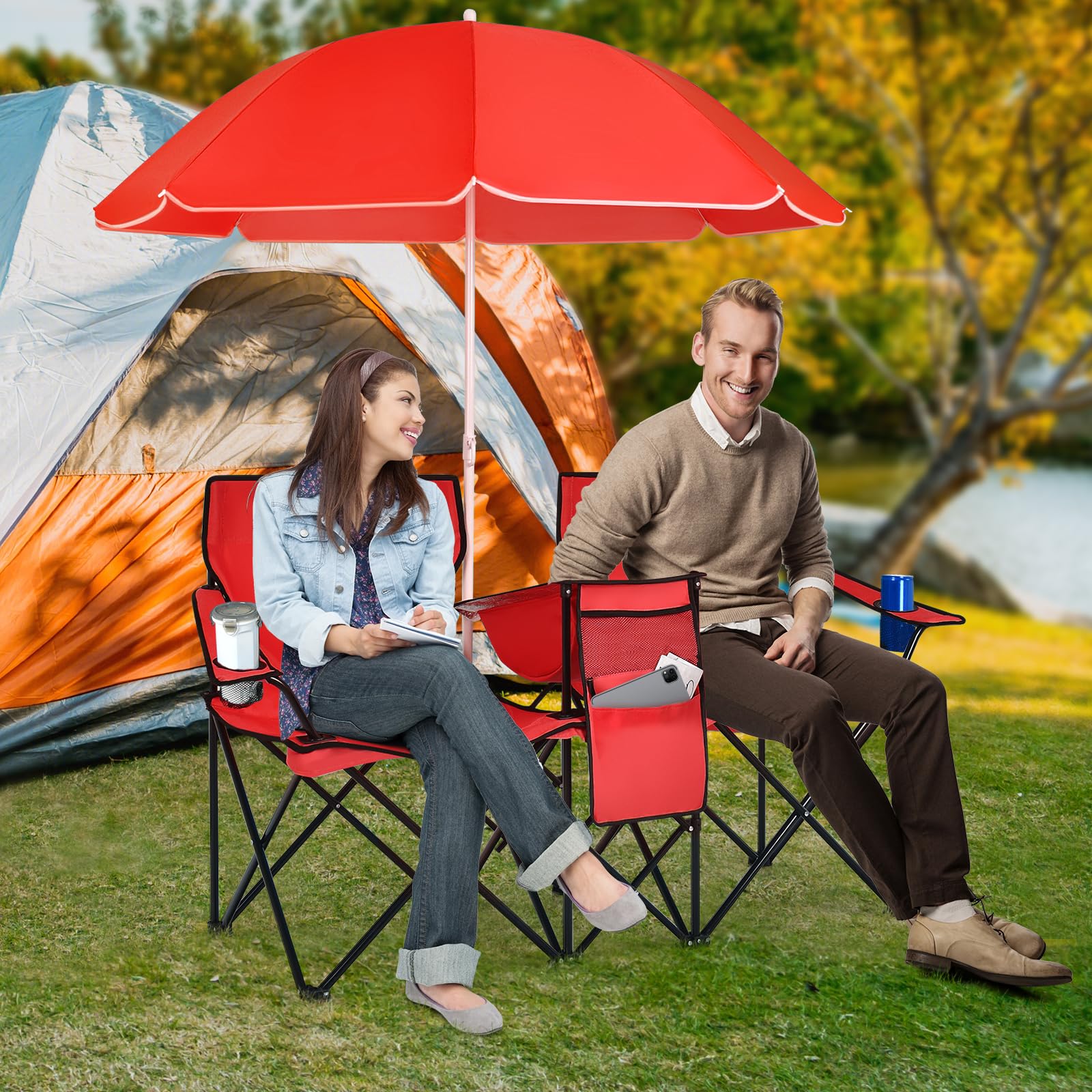 CHEFJOY double camping chair with removable umbrella provides shade for outdoor relaxation.