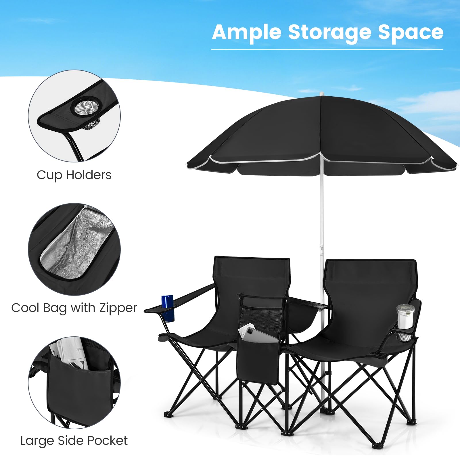 CHEFJOY two-person outdoor chair ideal for picnics, camping, or beach trips.