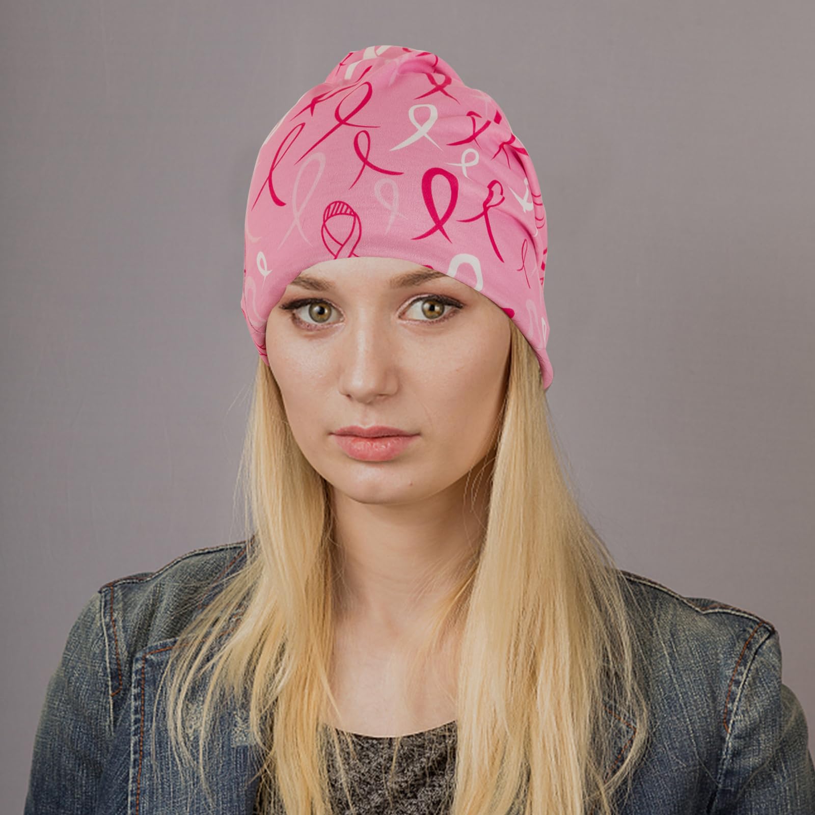 Pink chemo hat nightcap on model