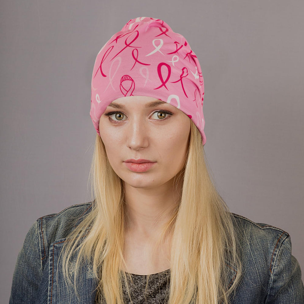 Pink chemo hat nightcap on model
