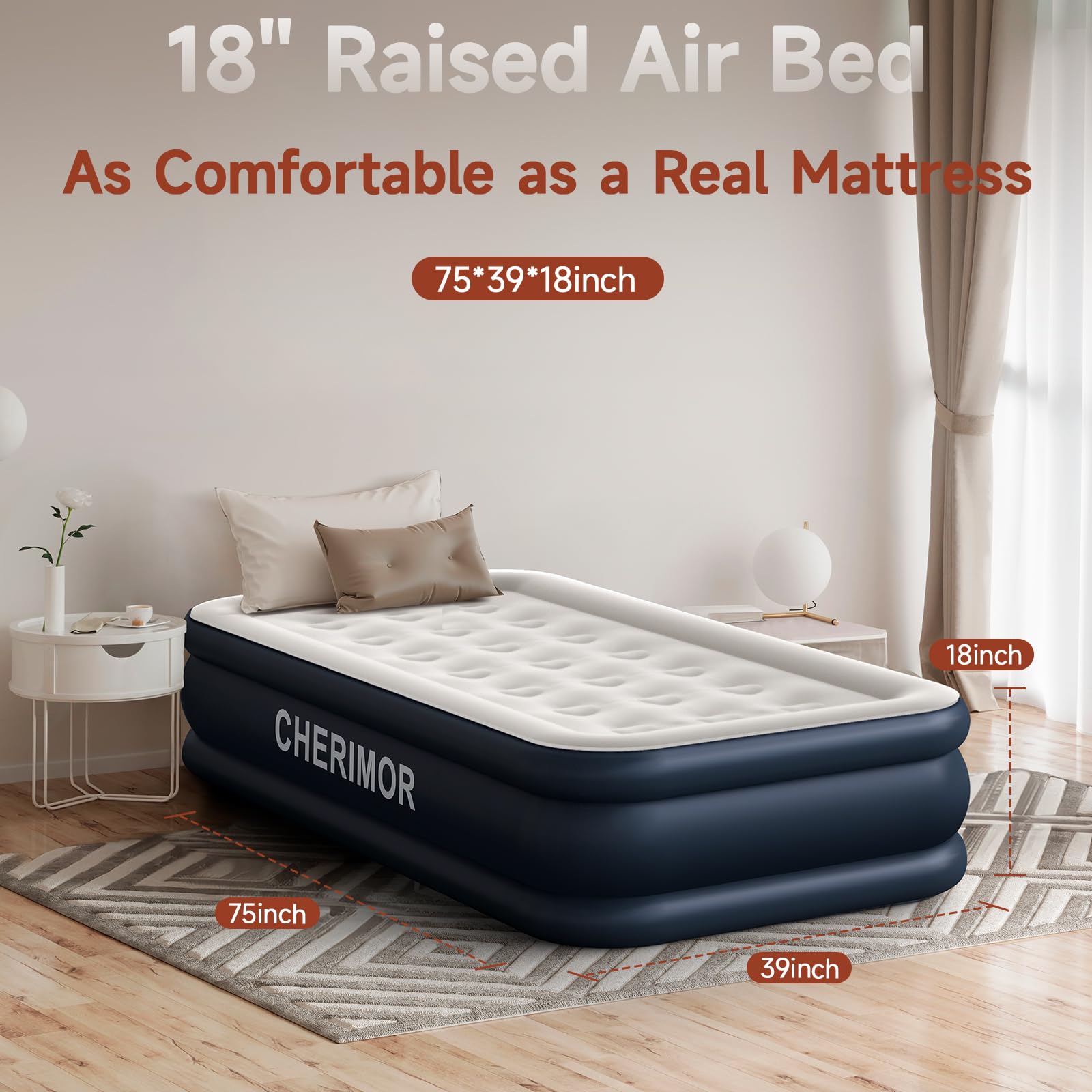 CHERIMOR twin air mattress shows beam support for even weight distribution.