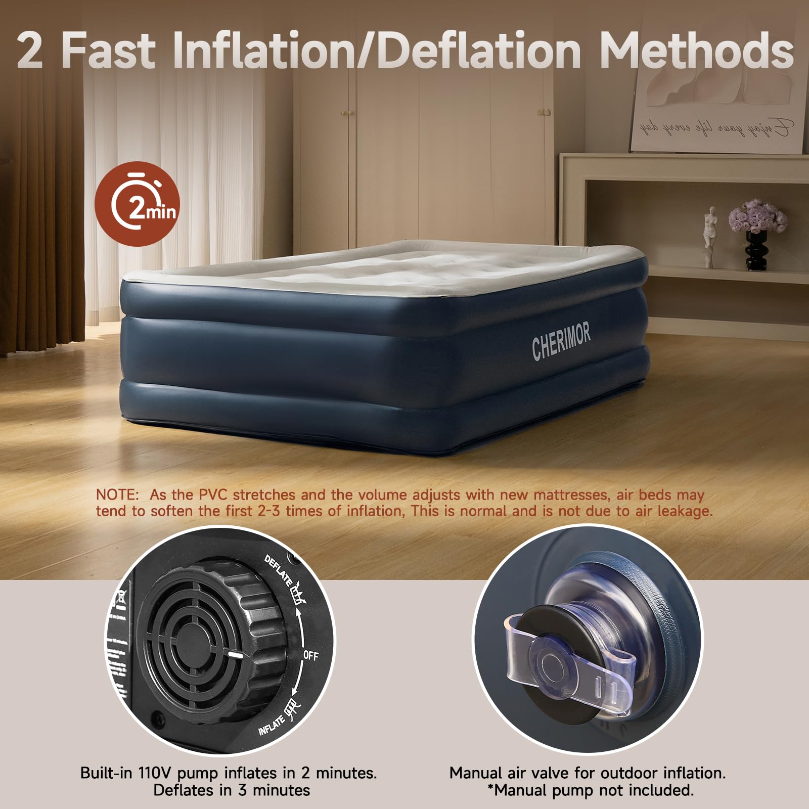 CHERIMOR air mattress includes carry bag for easy transport.