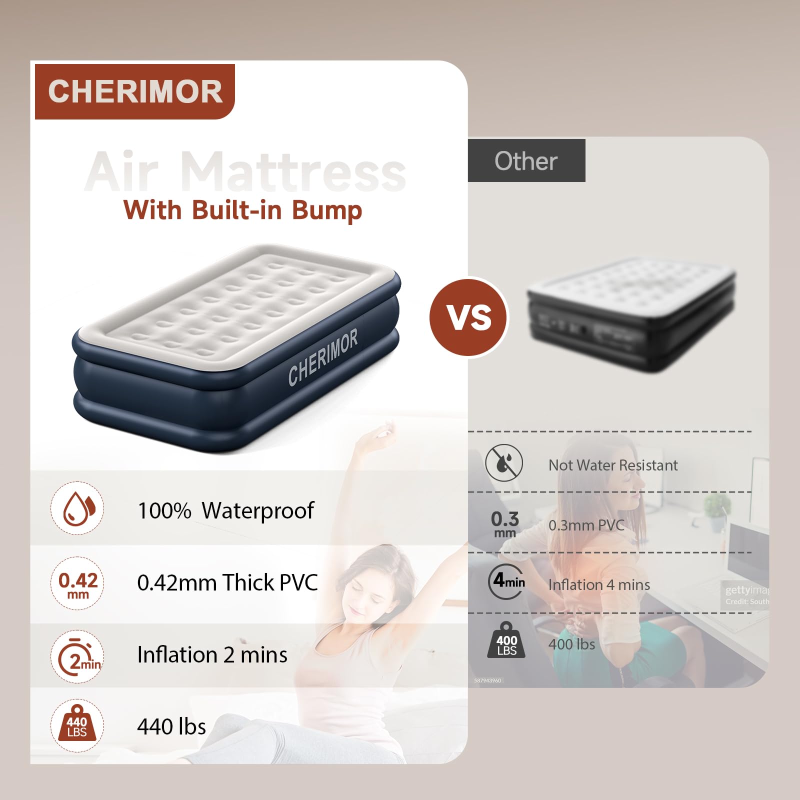 CHERIMOR twin air mattress deflation note suggests quick re-inflation for lasting comfort.