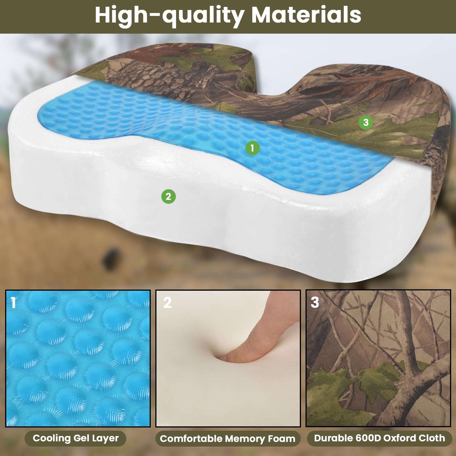 ChezMax gel seat cushion with built-in handle for easy transport on outdoor trips.