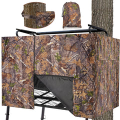 ChezMax hunting tree stand blind cover shows full-coverage 112x40 for 2-3 hunters