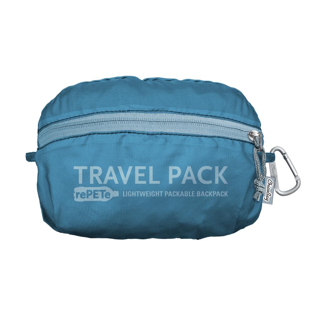 ChicoBag Travel Pack rePETe + Refine Sapphire side pocket for quick-access items.