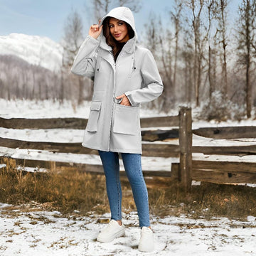 CHIGUO long rain jacket back view shows extended coverage against rain and wind.