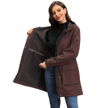 CHIGUO women's waterproof softshell jacket front view with hood for rainy commutes.