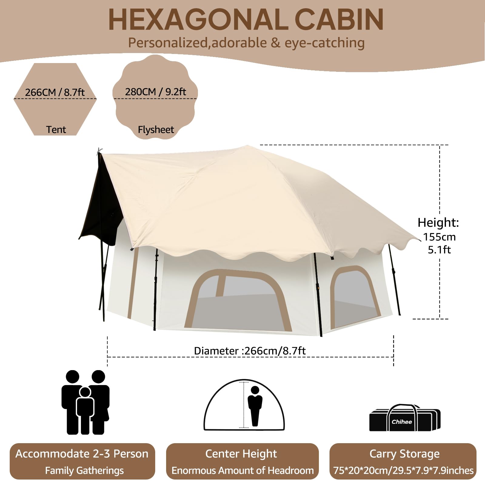 Chihee camping tent interior spacious view highlights room for 2-3 with gear.