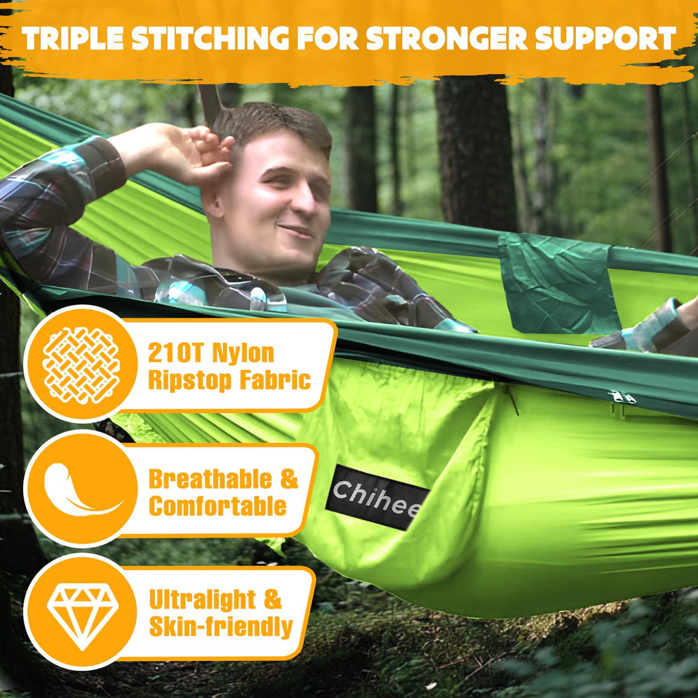 Chihee hammock setup between two trees showing quick-assist setup