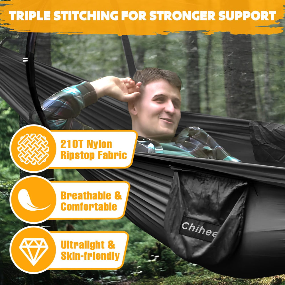 Chihee hammock setup between trees showing quick, secure camping suspension.