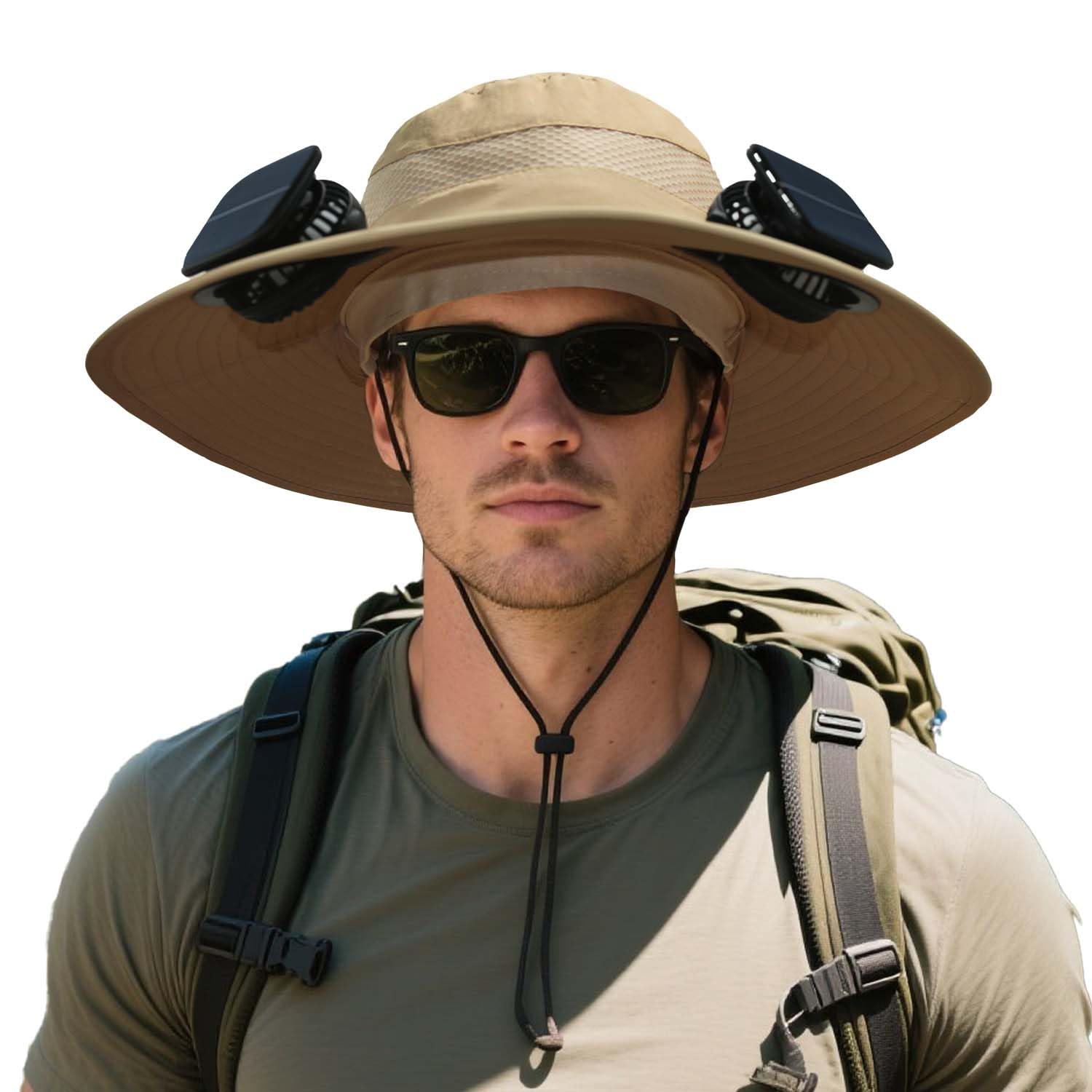 CHILL CASE Solar Fan Hat Khaki front view with wide brim