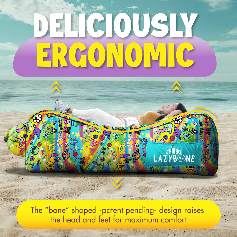Chillbo LazyBone beach-scene highlights outdoor lounging at the coast.