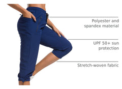ChinFun navy pants hem-adjustable close-up, cinch cord blocks insects and keeps length flexible.