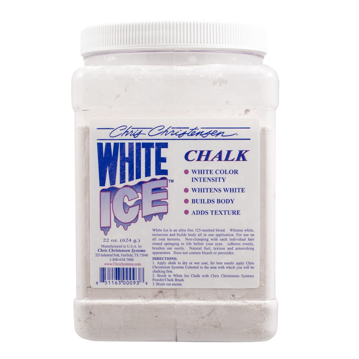 Chris Christensen White Ice Chalk bottle demonstrates whitening and body-building effects.