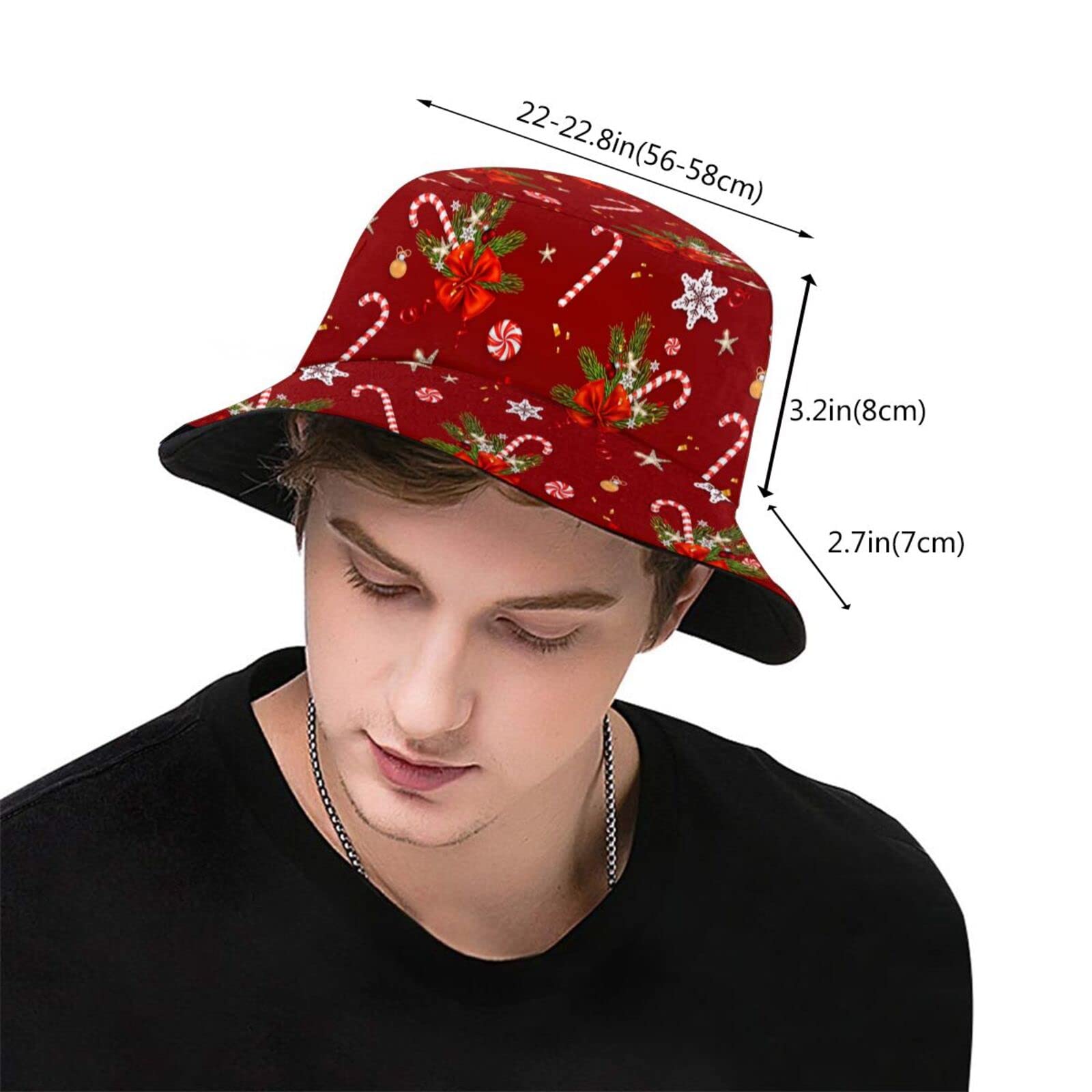 Fisherman-style bucket hat with colorful patterns on model