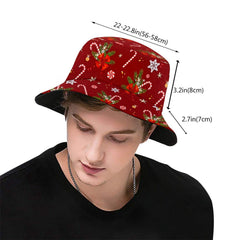 Fisherman-style bucket hat with colorful patterns on model