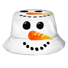 Front view of Christmas Snowman Bucket Hat with snowflake print