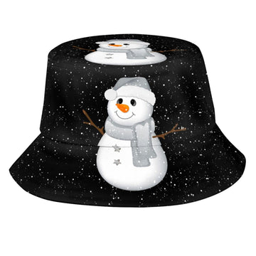 Front view of Christmas Snowman bucket hat with snowflake print