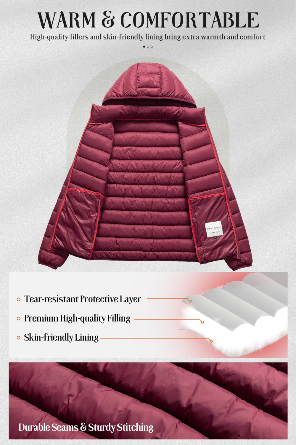 Chrisuno lightweight warm winter coat ideal for city commutes and outdoor activities.