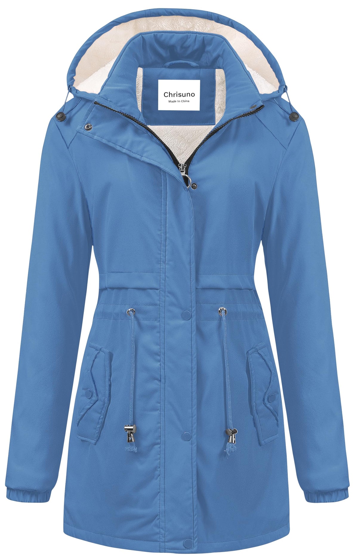 Chrisuno long winter coat front view showing cozy silhouette for chilly commutes.