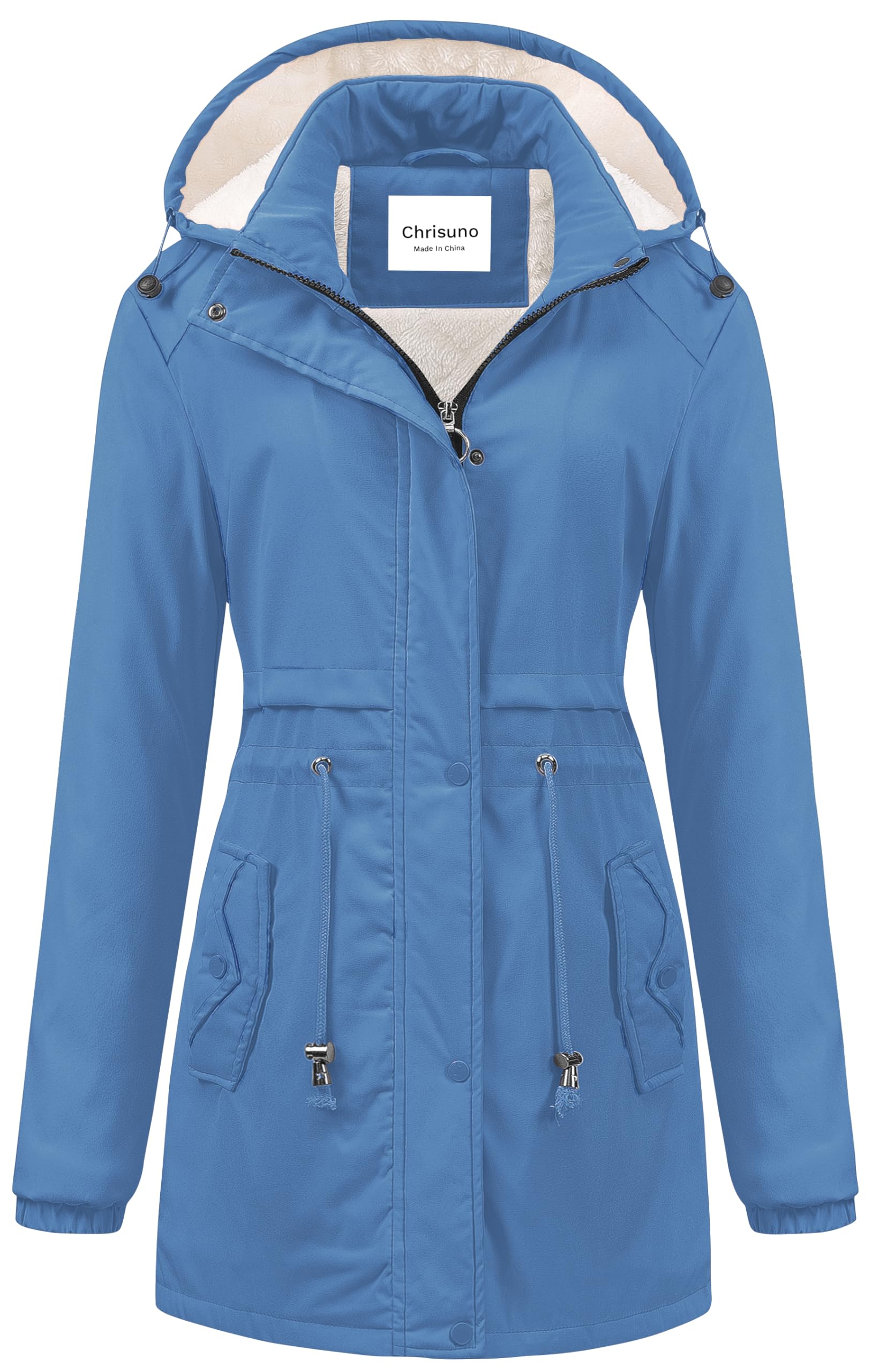 Chrisuno winter jacket women light blue front view shows stylish warmth for outdoors.