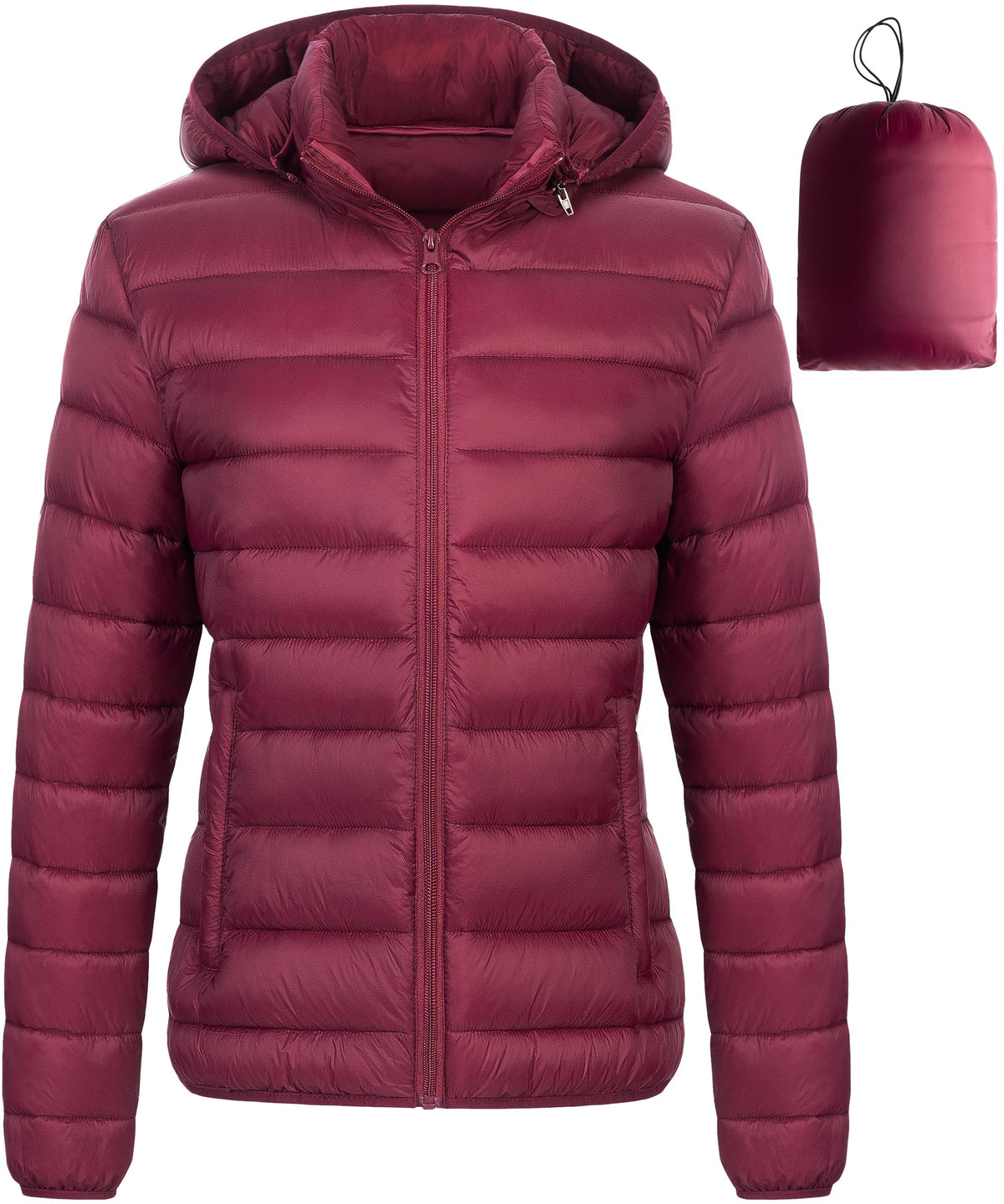 Chrisuno women's burgundy puffer with detachable hood for versatile styling in cold weather.