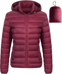 Chrisuno women's burgundy puffer with detachable hood for versatile styling in cold weather.