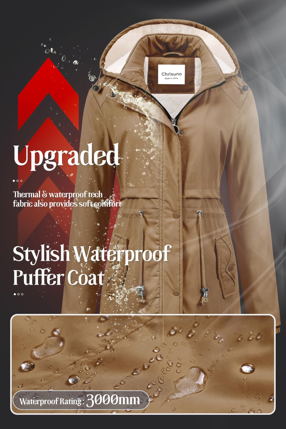 Chrisuno women's puffer coat camel waterproof jacket highlights rain protection.