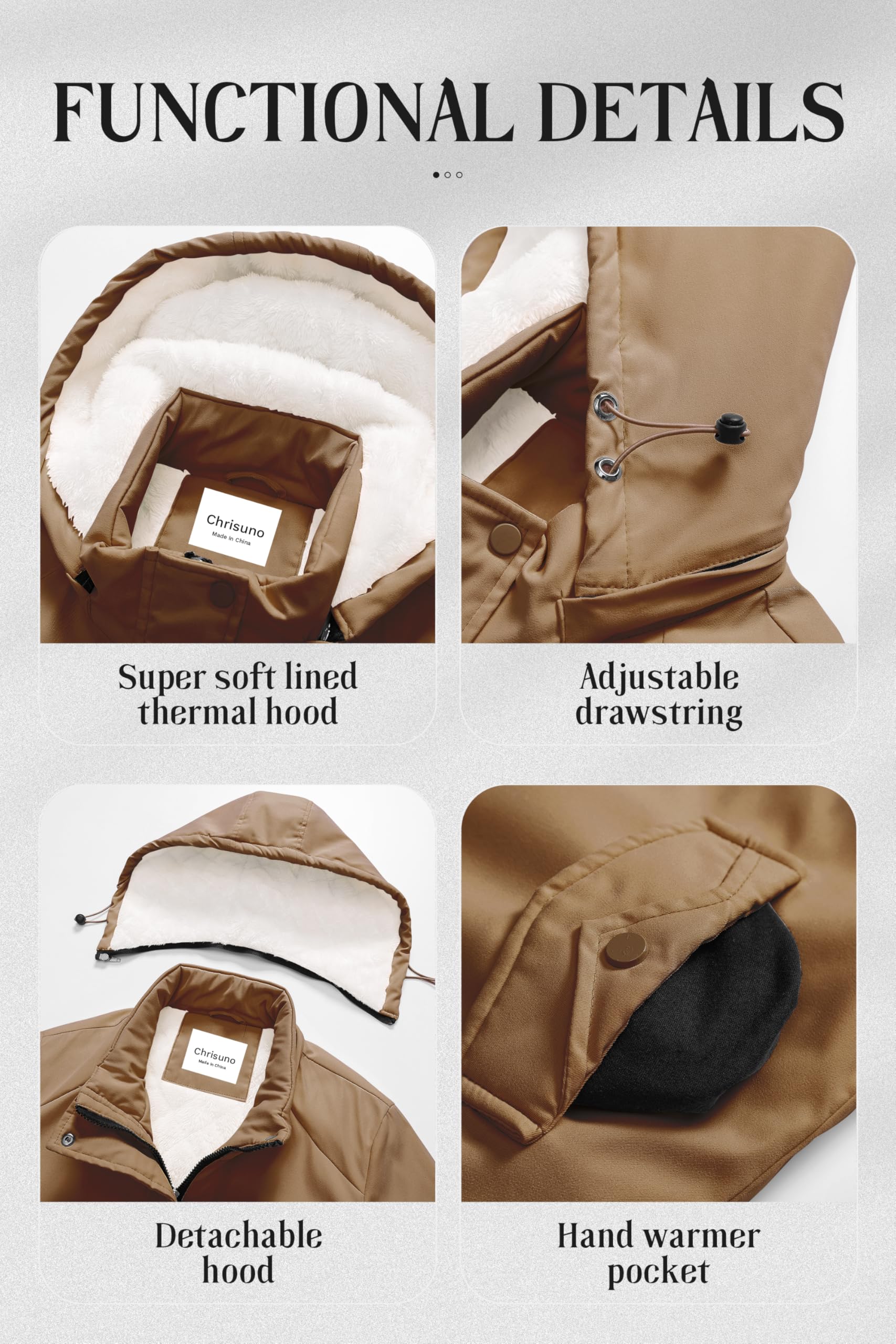 Chrisuno puffer coat camel windproof cuffs show secure adjustable fit.