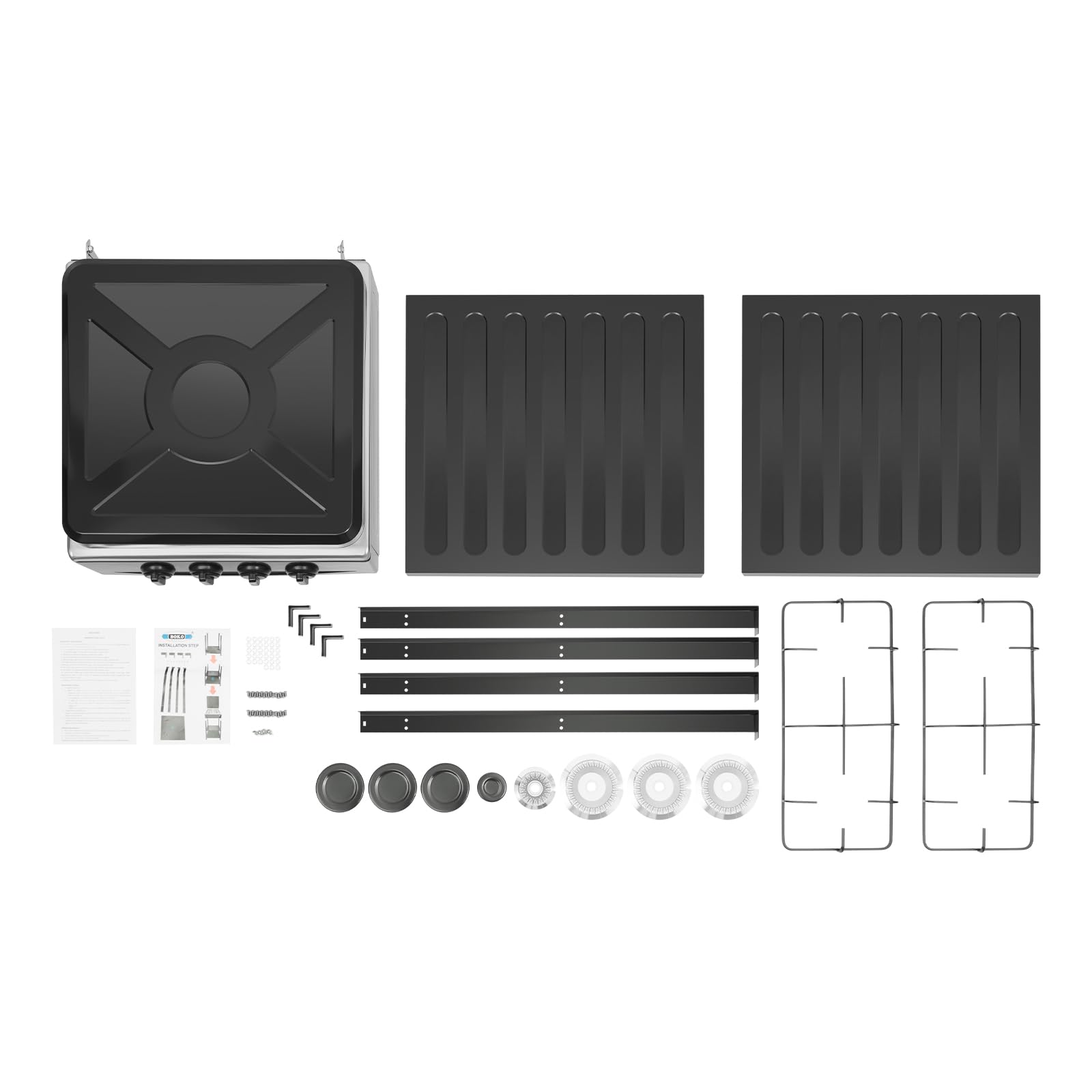 ChronosGear 4-Burner stove ships with assembly guides and accessories.