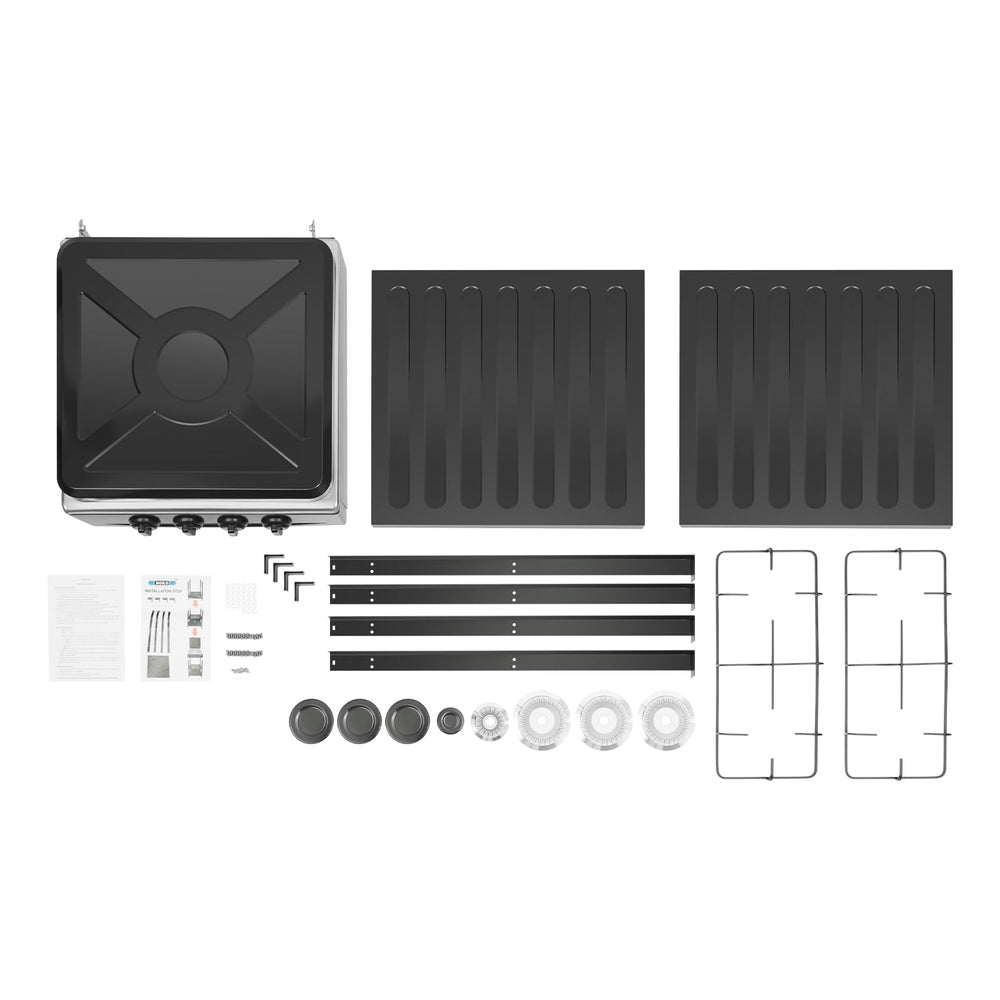 ChronosGear 4-Burner stove ships with assembly guides and accessories.