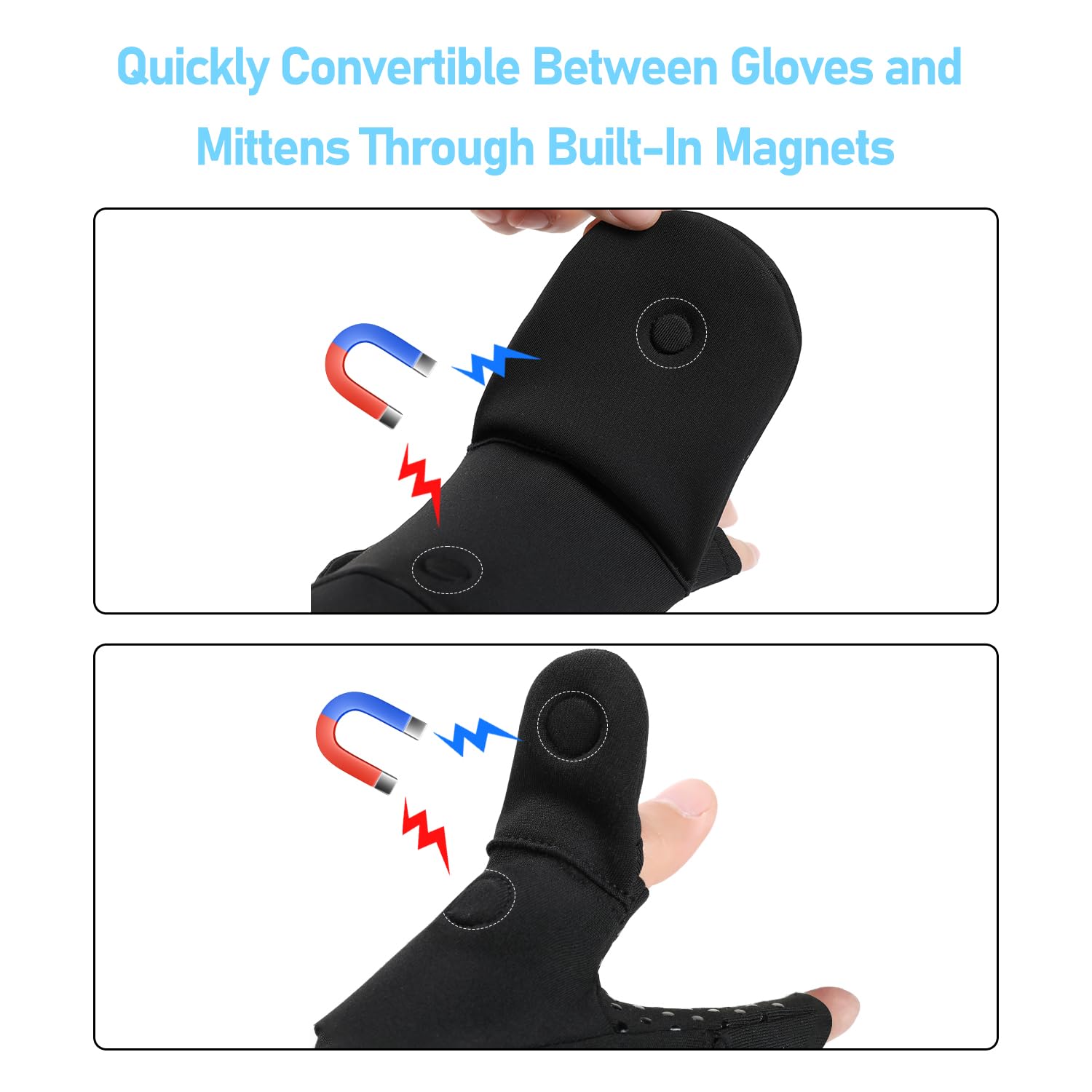 Gloves showing finger flap up for mittens and fingerless use