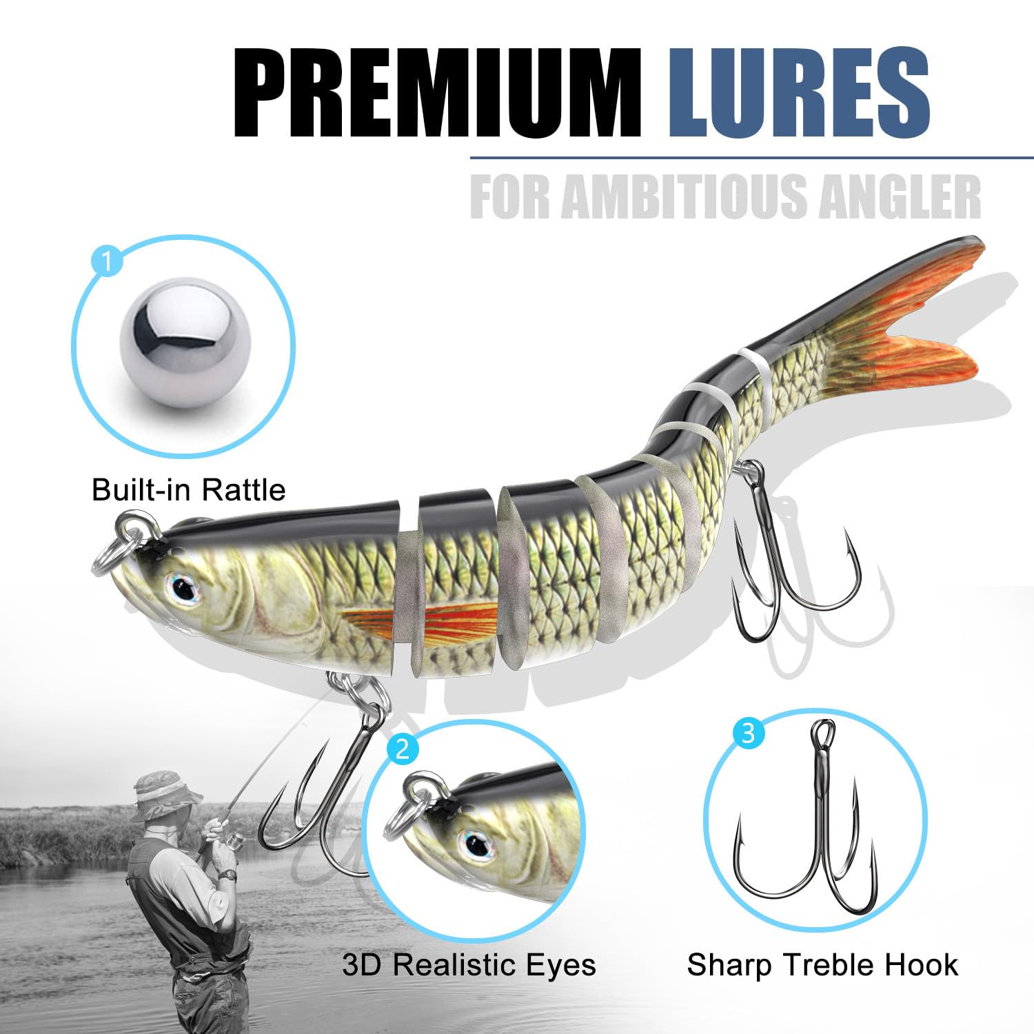Jointed swimbaits showing lifelike eyes and articulation