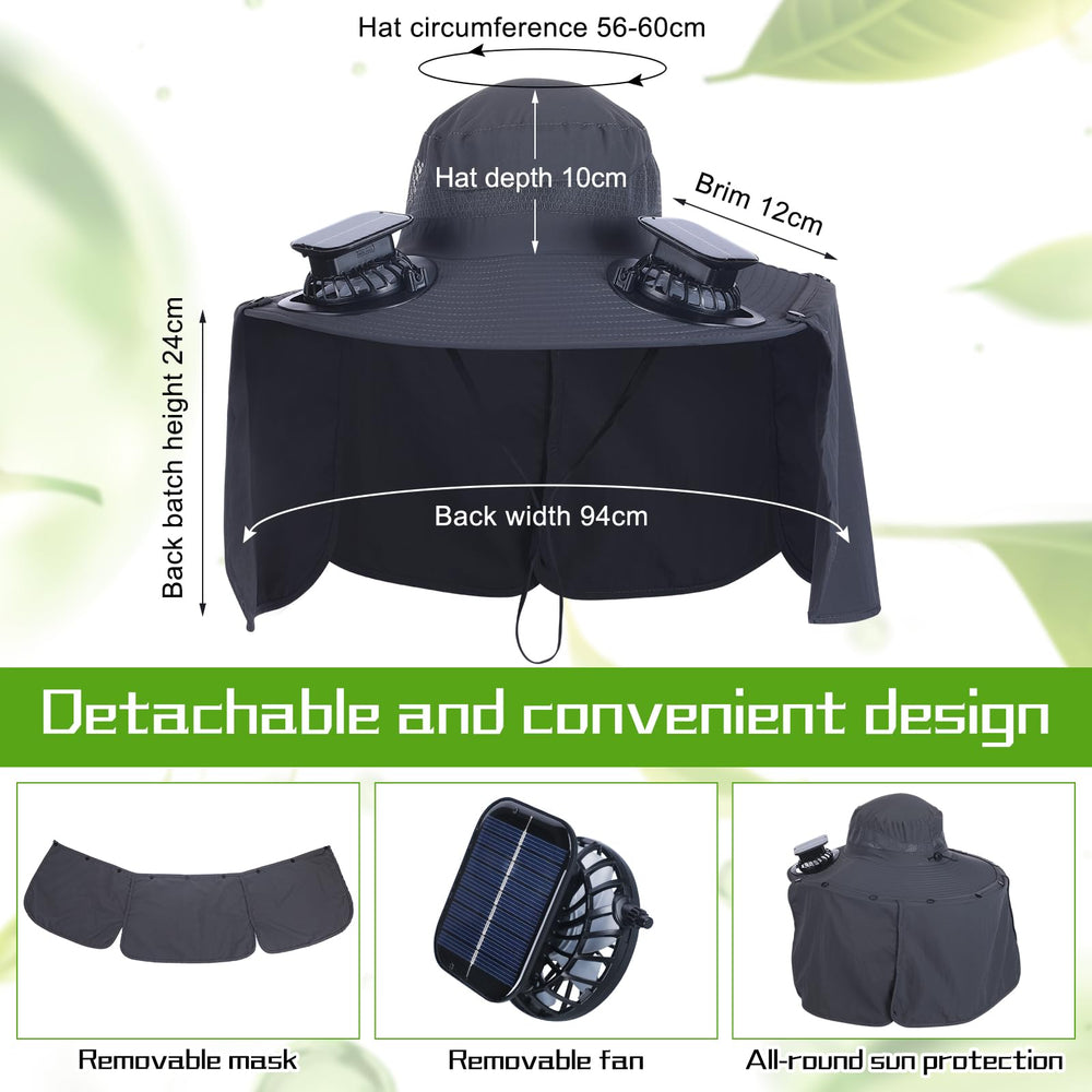 Chuarry solar-powered hat side fans provide cooling for fishing or hiking.