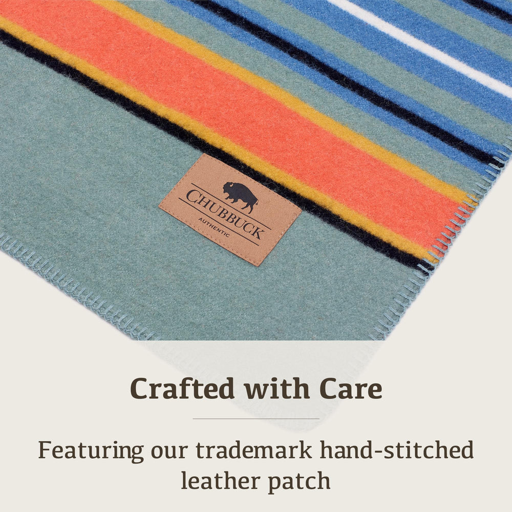 Chubbuck Authentic cruelty-free wool blanket emphasizes ethical sourcing.