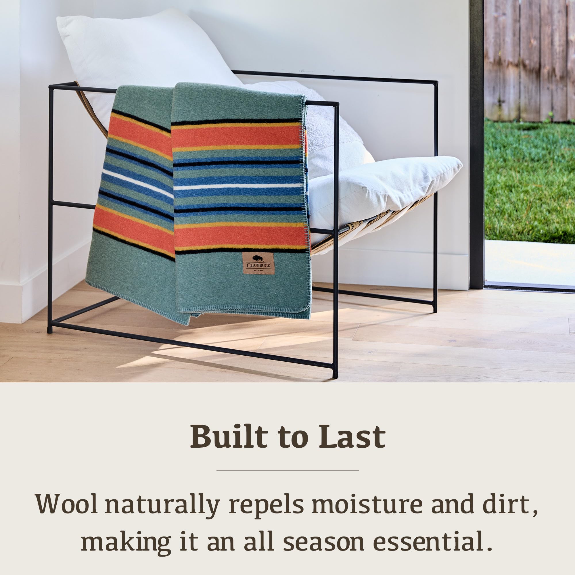 Chubbuck Authentic indoor-outdoor use wool blanket demonstrates versatile warmth anywhere.